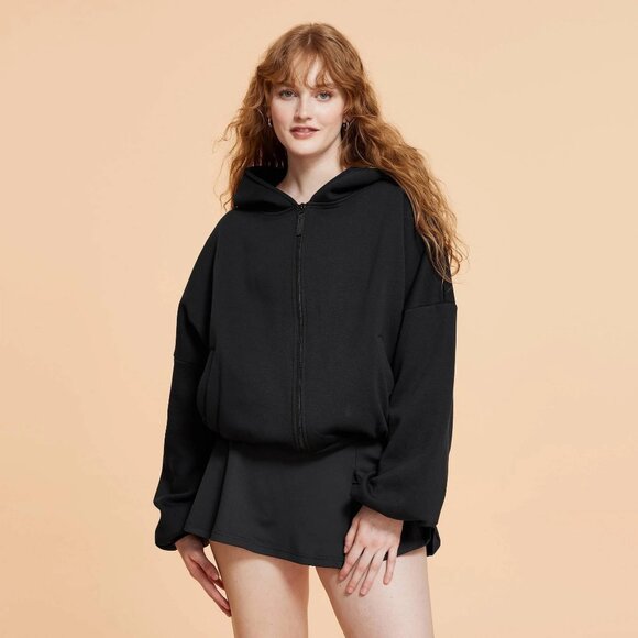 NWT BLOGILATES WOMENS MARSHMALLOW FULL ZIP HOODED SWEATSHIRT - BLACK SZ M - Picture 1 of 3